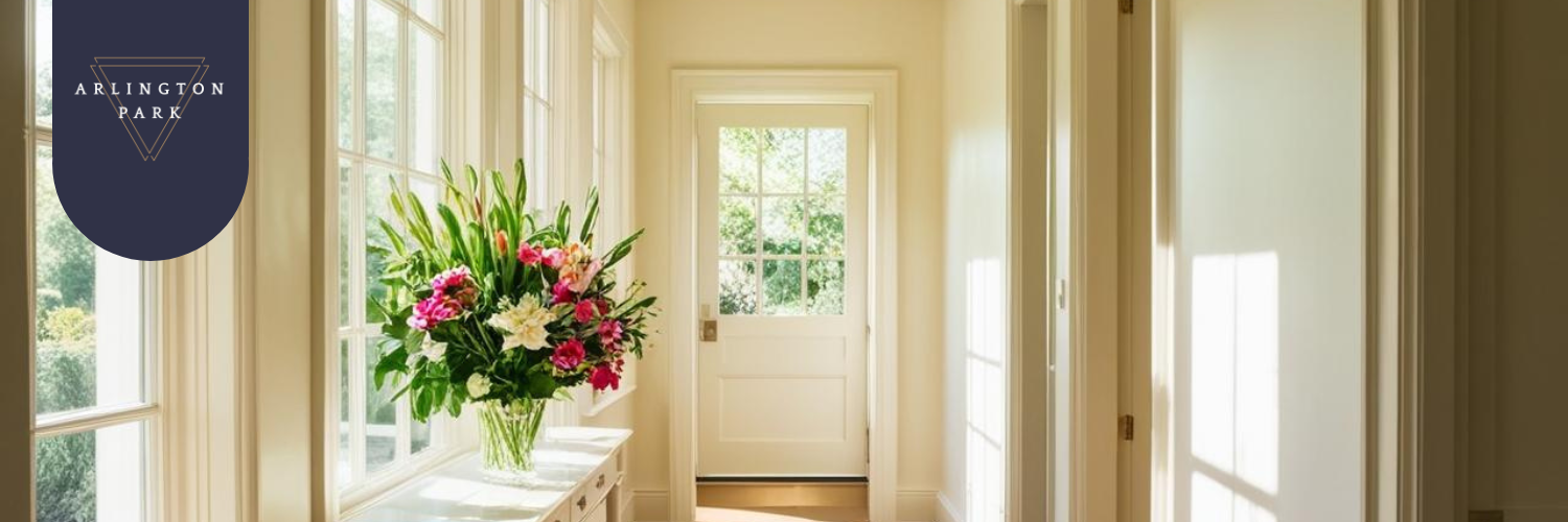 A bright and airy hallway with neutral colours, fresh flowers on a console table, and natural light enhancing the clean, welcoming space.