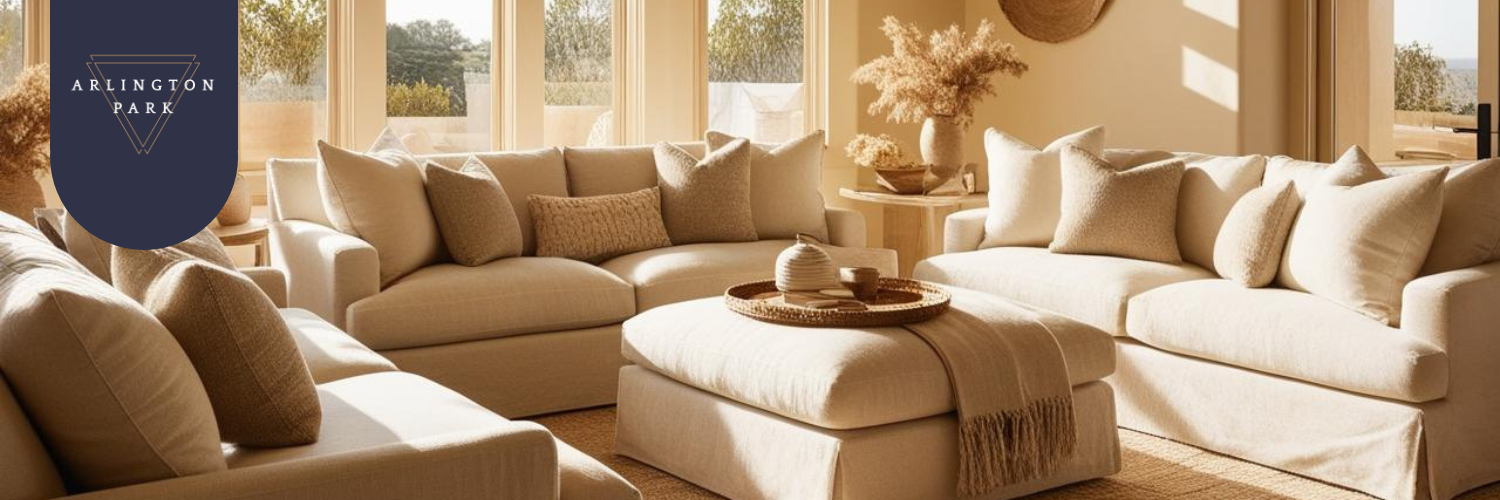 A beautifully staged living room with neutral tones, inviting décor, and natural light flooding through large windows, highlighting a warm, cosy atmosphere.