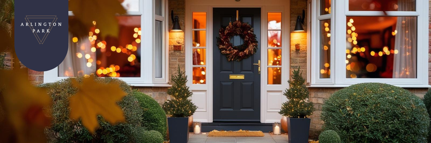 cosy UK home exterior during autumn, featuring golden leaves on the ground, a well-kept garden with a welcoming front door, and warm light coming from the windows, creating an inviting and homely atmosphere. 